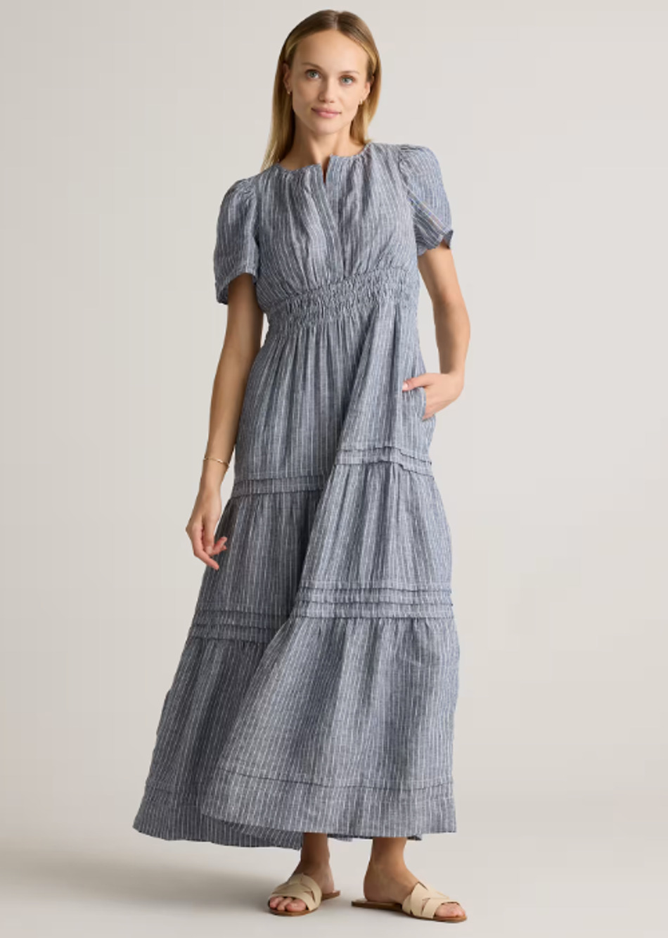 Quince 100% European Linen Tiered Maxi Dress Chambray Stripe Sz M Coastal Boho